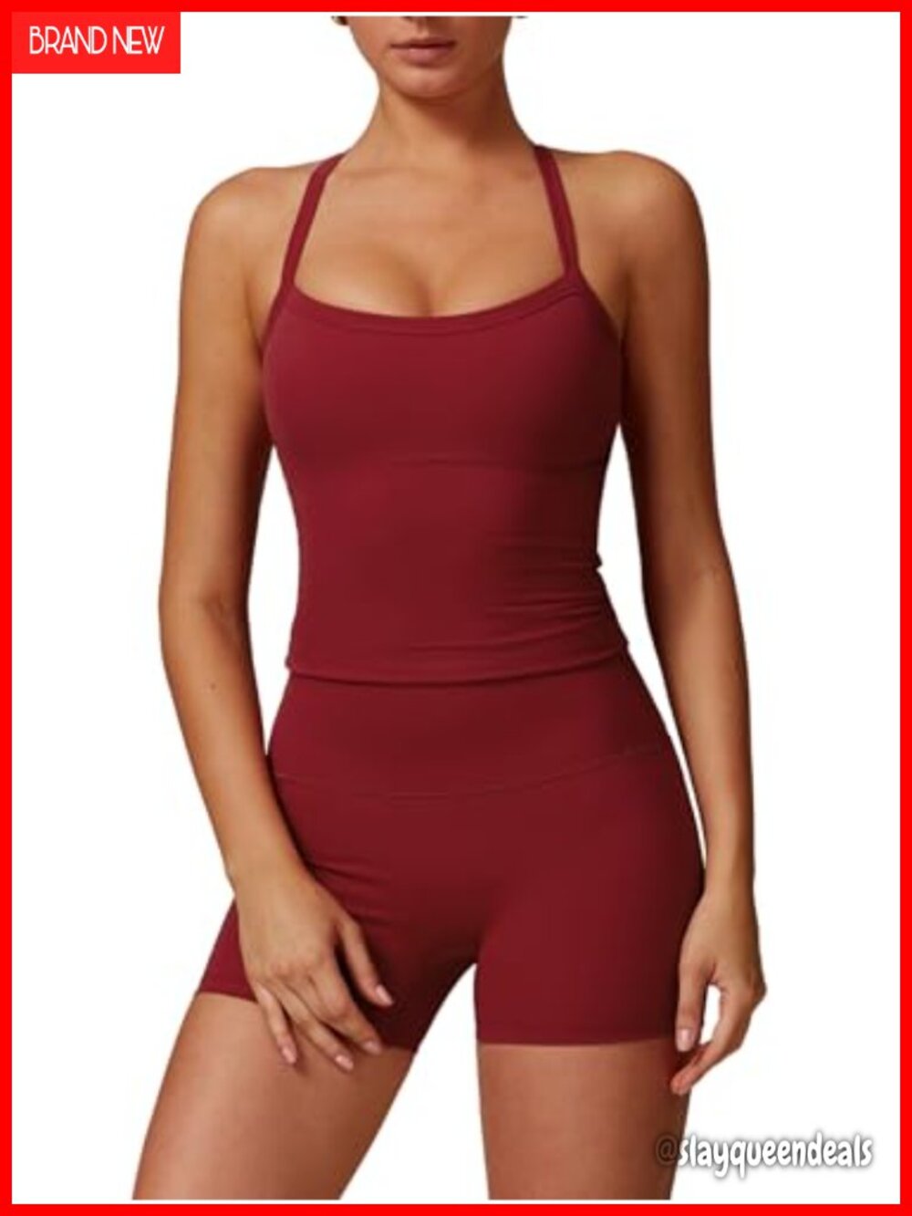 2 Piece Workout Set Cross Back Tank Top High Waist Biker Shorts Gym Yoga